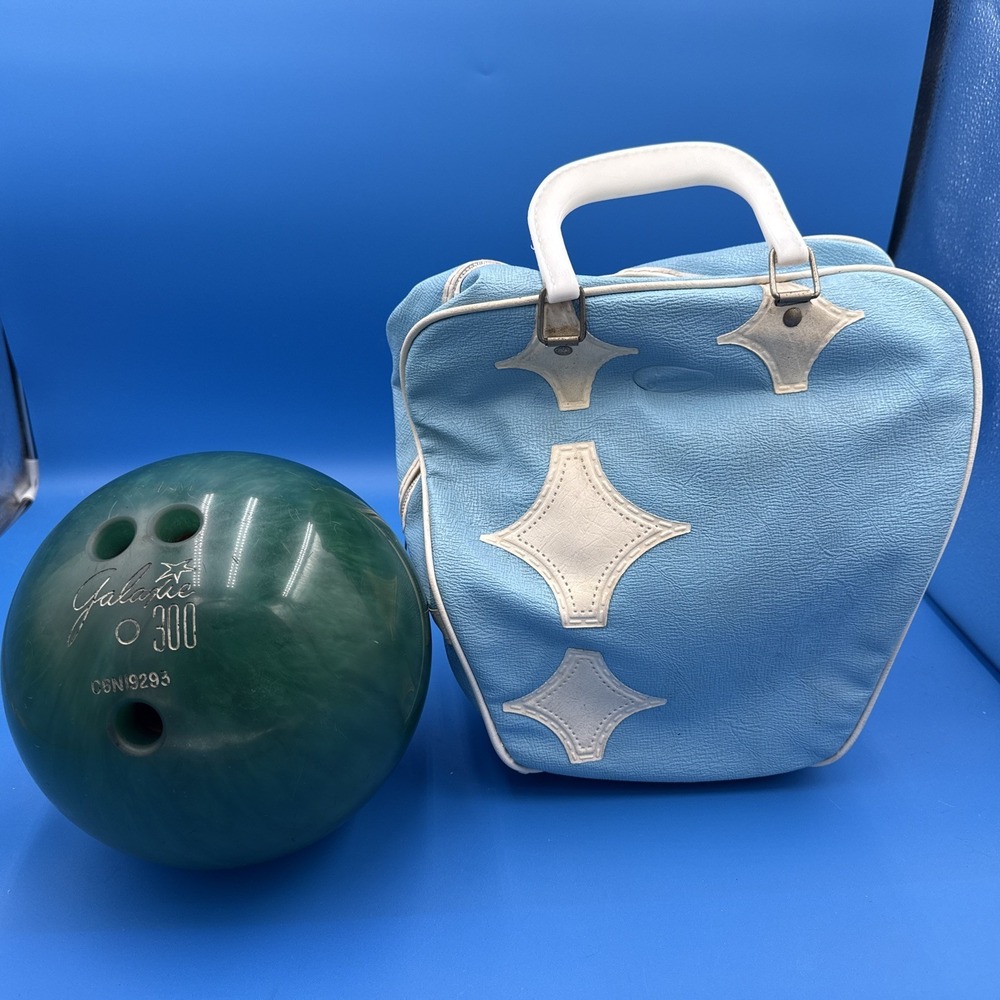 Vintage Retro Baby Blue Bowling Ball Bag and Ebonite Galaxie 300 10 Lbs
